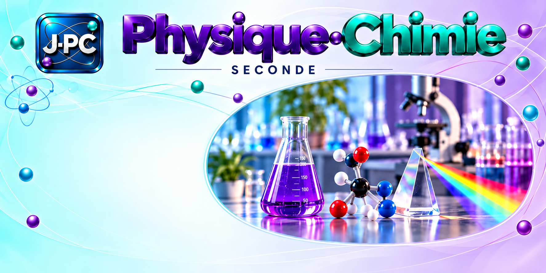 Physique · Chimie, Seconde. Logo J-PC, verrerie de laboratoire, modèle moléculaire et prisme, sur un fond turquoise et violet.